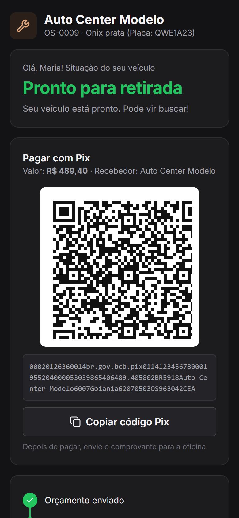 Cliente vendo o carro pronto e o QR Pix para pagar