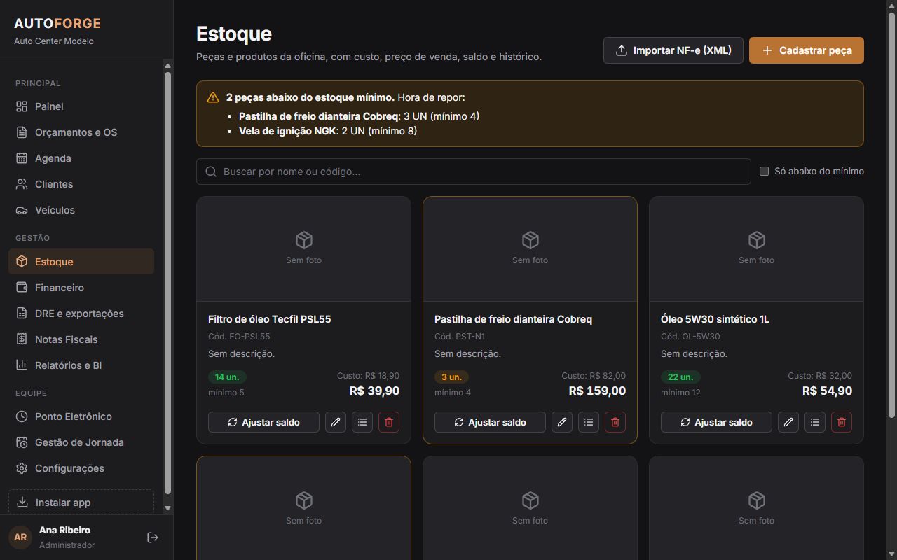 Estoque com aviso de peças abaixo do mínimo