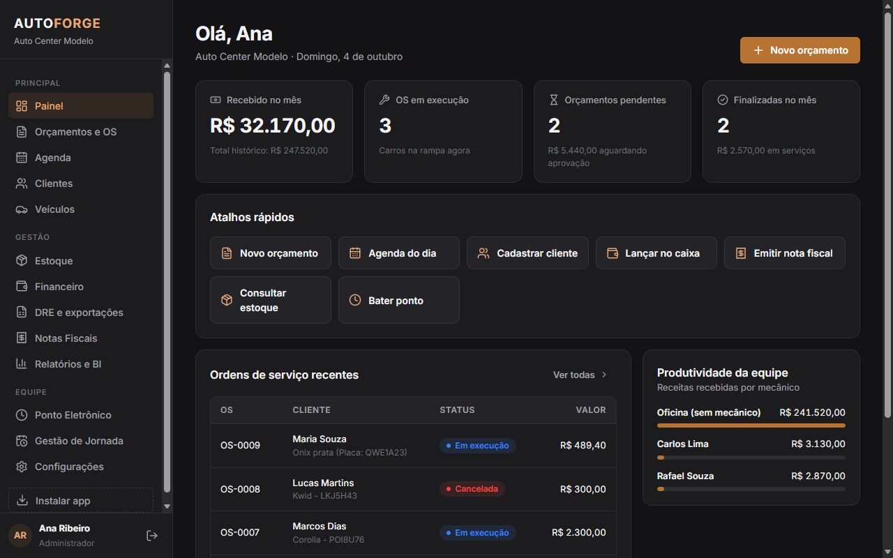 Painel do AutoForge com valores recebidos no mês, OS em execução, orçamentos pendentes e atalhos
